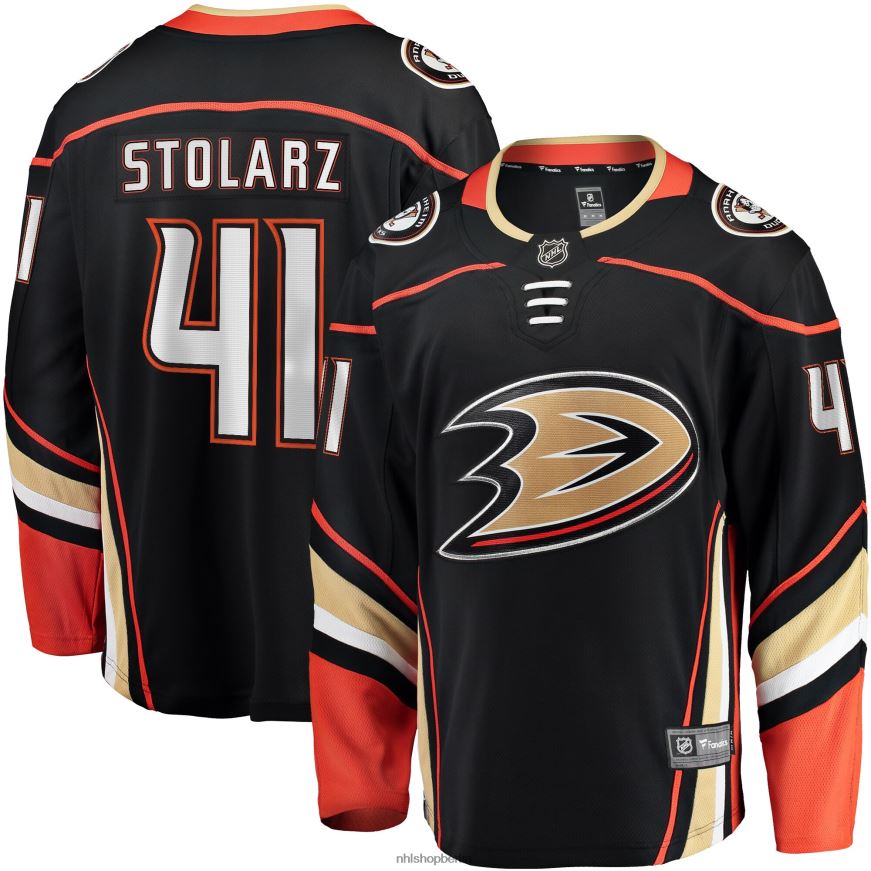 Männer NHL Schwarzes Heim-Ausreißertrikot der Anaheim Ducks mit Fanatics-Logo von Anthony Stolarz Kleidung BF680T1643