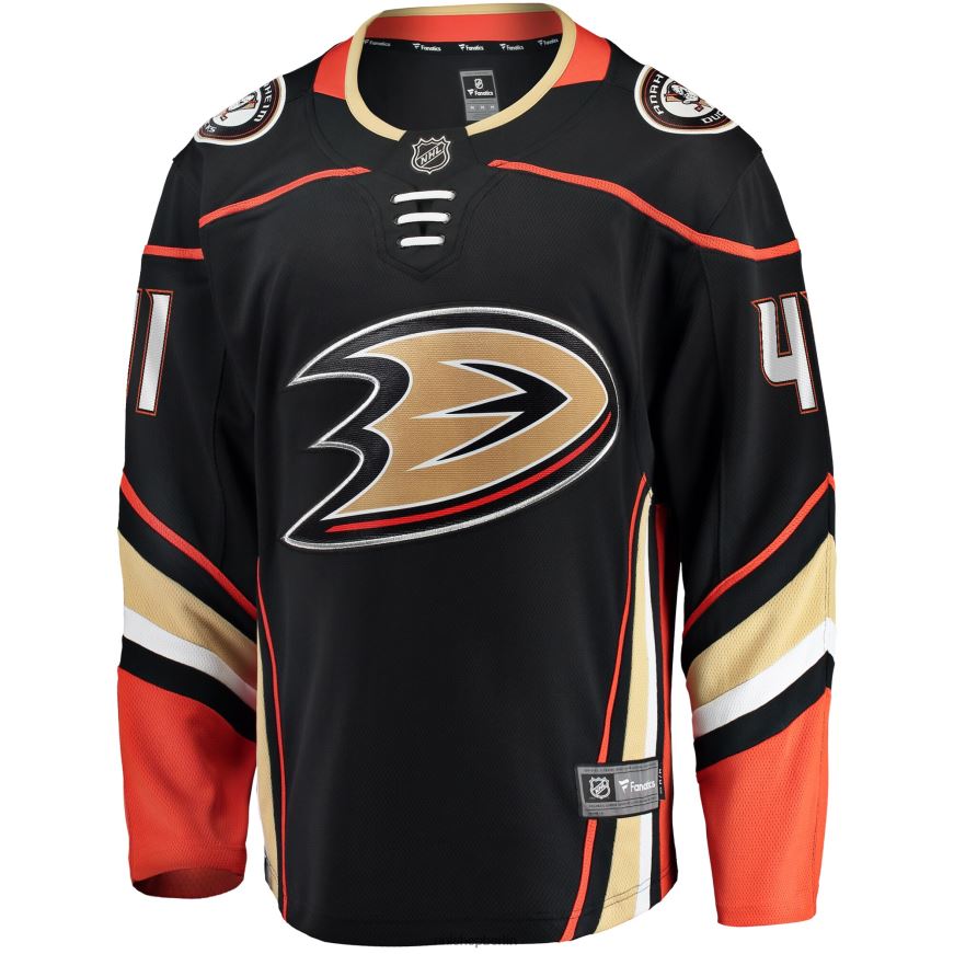 Männer NHL Schwarzes Heim-Ausreißertrikot der Anaheim Ducks mit Fanatics-Logo von Anthony Stolarz Kleidung BF680T1643