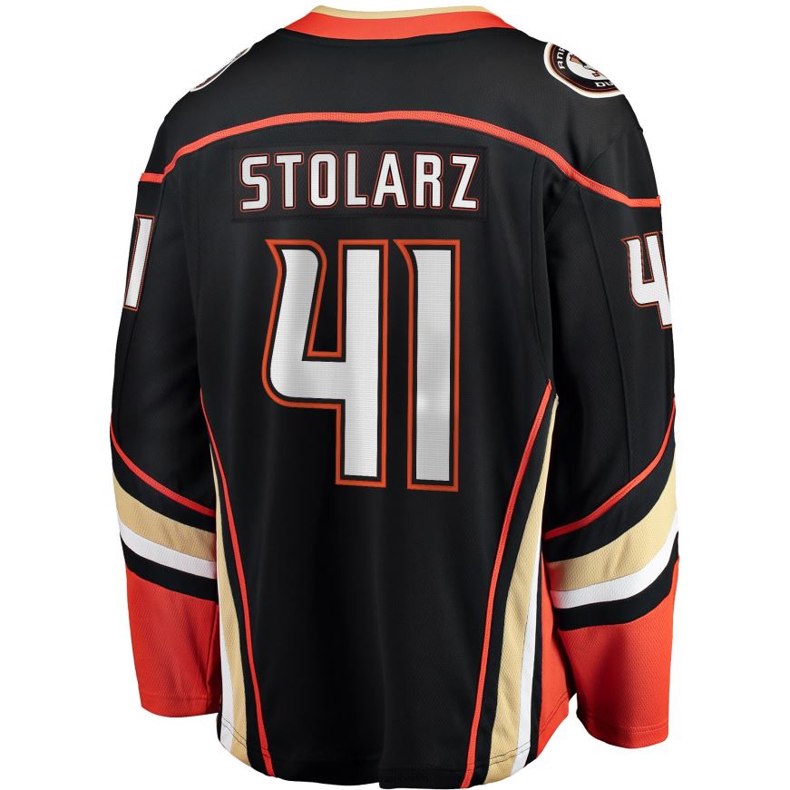 Männer NHL Schwarzes Heim-Ausreißertrikot der Anaheim Ducks mit Fanatics-Logo von Anthony Stolarz Kleidung BF680T1643