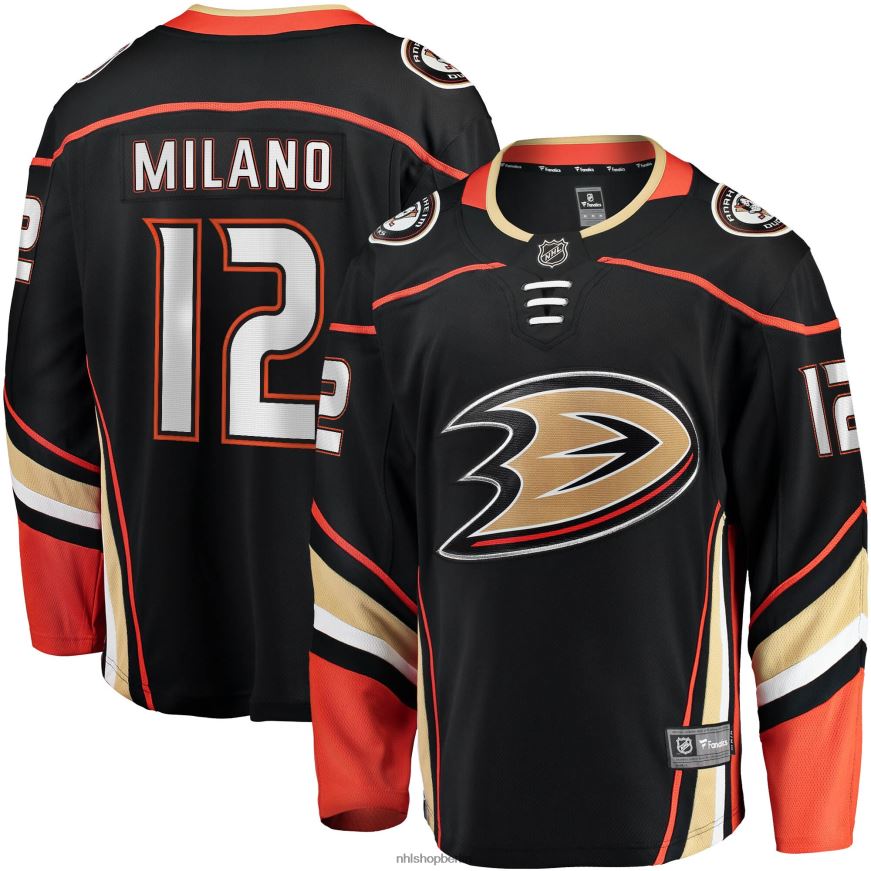 Männer NHL Schwarzes Heim-Ausreißertrikot der Anaheim Ducks mit Fanatics-Logo von Sonny Milano Kleidung BF680T2241