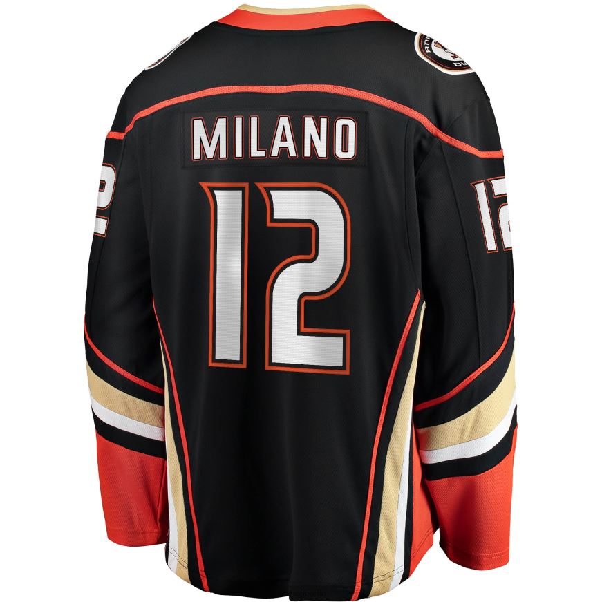 Männer NHL Schwarzes Heim-Ausreißertrikot der Anaheim Ducks mit Fanatics-Logo von Sonny Milano Kleidung BF680T2241