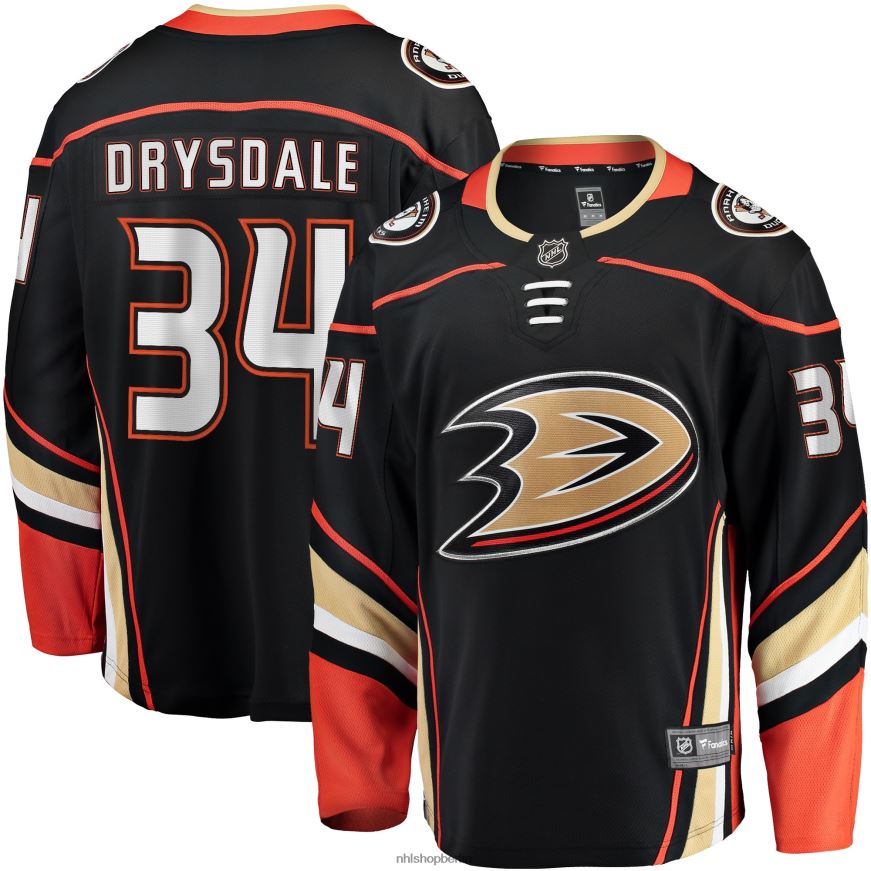 Männer NHL Schwarzes Heim-Ausreißertrikot der Anaheim Ducks mit Jamie Drysdale Fanatics-Logo Kleidung BF680T1679