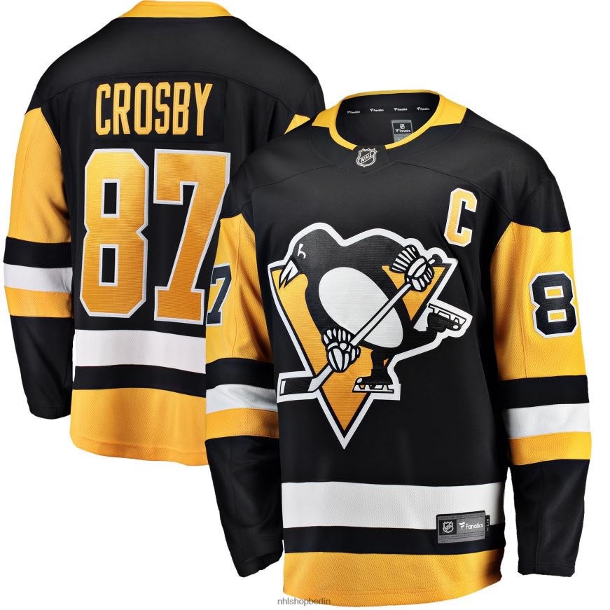 Männer NHL Schwarzes Heim-Ausreißtrikot der Pittsburgh Penguins mit Sidney Crosby Fanatics-Logo und Captain-Patch Kleidung BF680T224