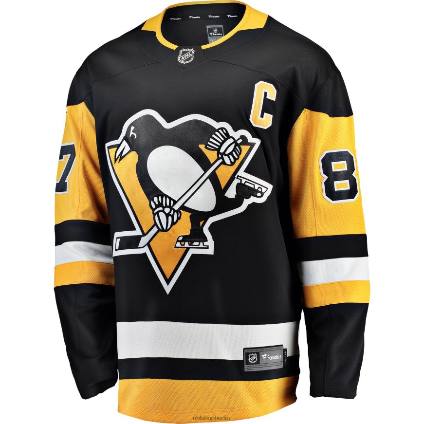 Männer NHL Schwarzes Heim-Ausreißtrikot der Pittsburgh Penguins mit Sidney Crosby Fanatics-Logo und Captain-Patch Kleidung BF680T224