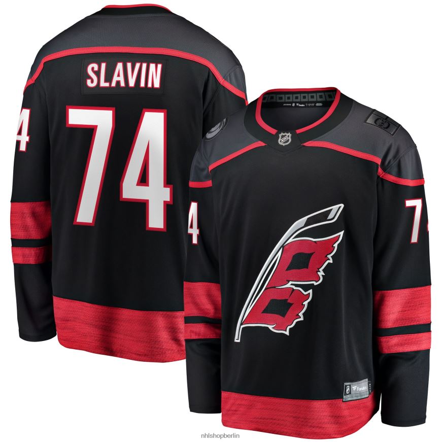 Männer NHL Schwarzes Heimtrikot der Breakaway-Spieler der Carolina Hurricanes mit Jacob Slavin Fanatics-Logo Kleidung BF680T881