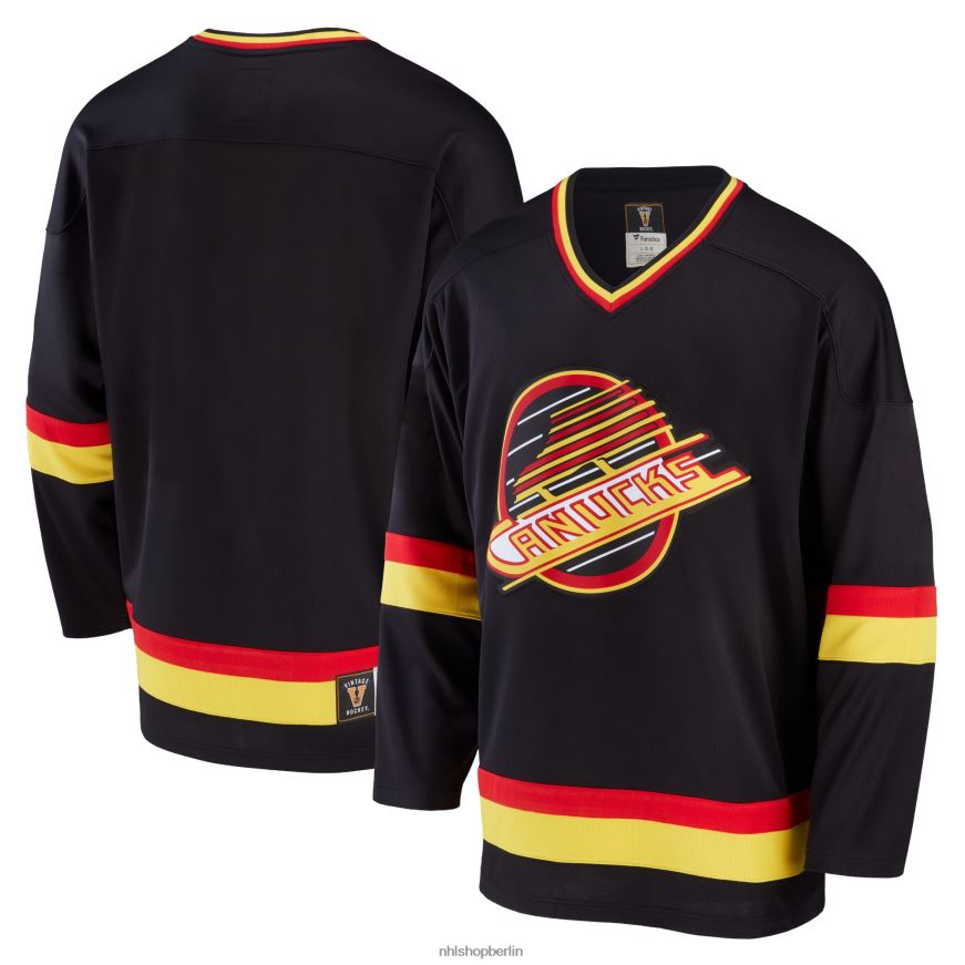 Männer NHL Schwarzes Premier Breakaway Heritage-Trikot der Vancouver Canucks mit Fanatics-Logo Kleidung BF680T444