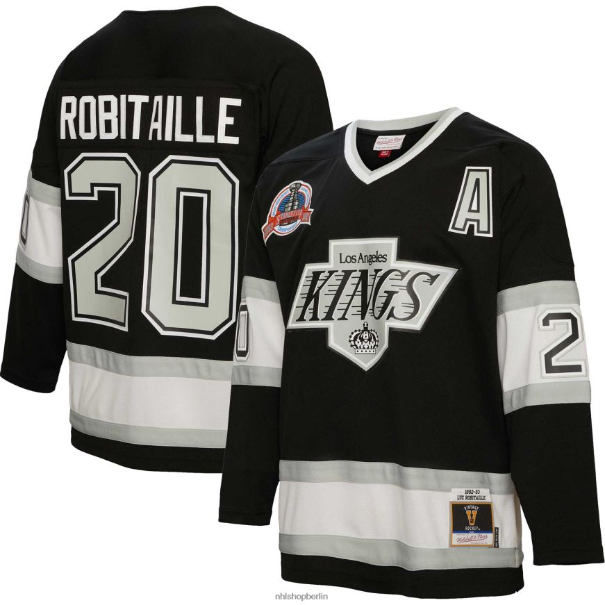 Männer NHL Schwarzes Spielertrikot der Los Angeles Kings Luc Robitaille Mitchell  Ness 1992 blaue Linie Kleidung BF680T564