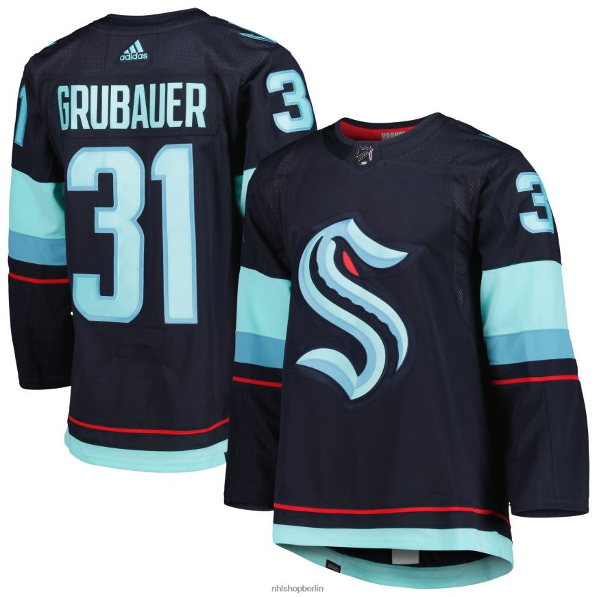 Männer NHL Seattle Kraken Philipp Grubauer Adidas Deep Sea Blue Primegreen Authentisches Profi-Heimspielertrikot Kleidung BF680T375