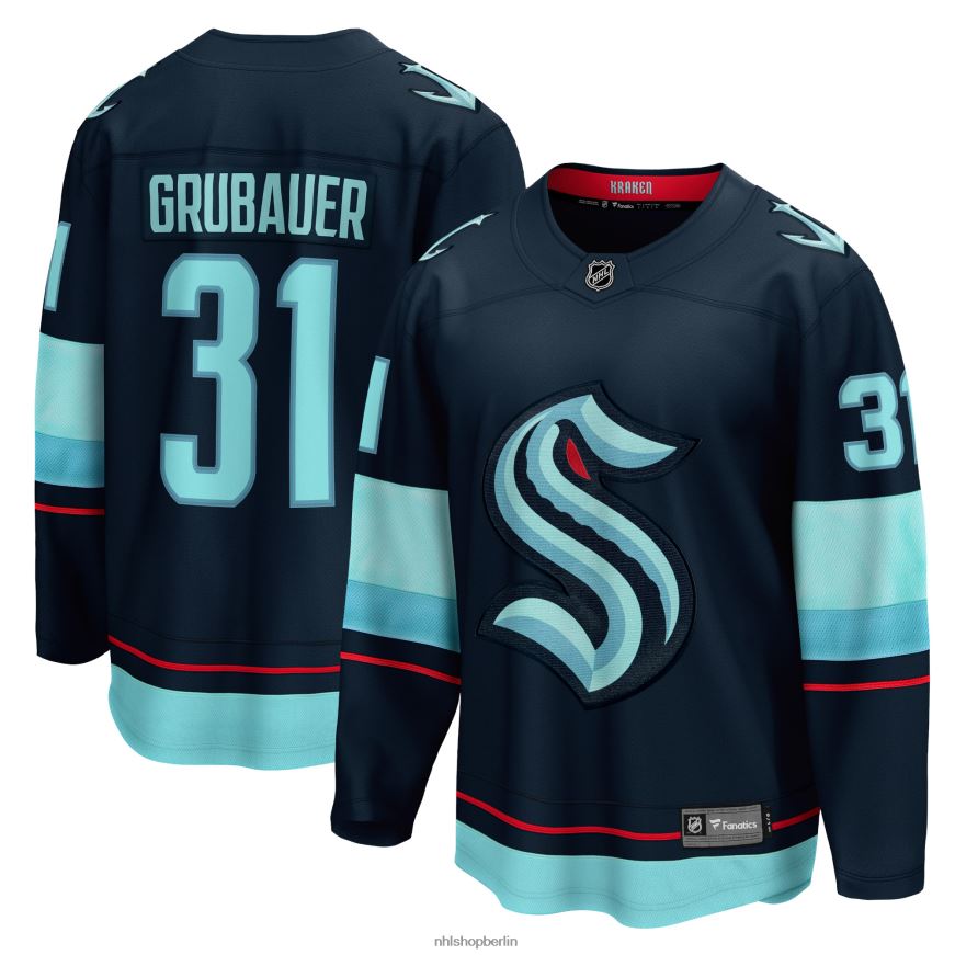 Männer NHL Seattle Kraken Philipp Grubauer Fanatics Branded Deep Sea Blue Home Premier Breakaway-Spielertrikot Kleidung BF680T71