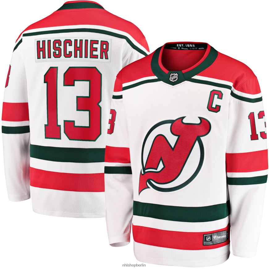 Männer NHL Weißes 2022/23 Heritage Premier Breakaway-Trikot der New Jersey Devils mit Fanatics-Logo von Nico Hischier Kleidung BF680T295