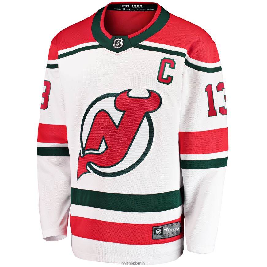 Männer NHL Weißes 2022/23 Heritage Premier Breakaway-Trikot der New Jersey Devils mit Fanatics-Logo von Nico Hischier Kleidung BF680T295