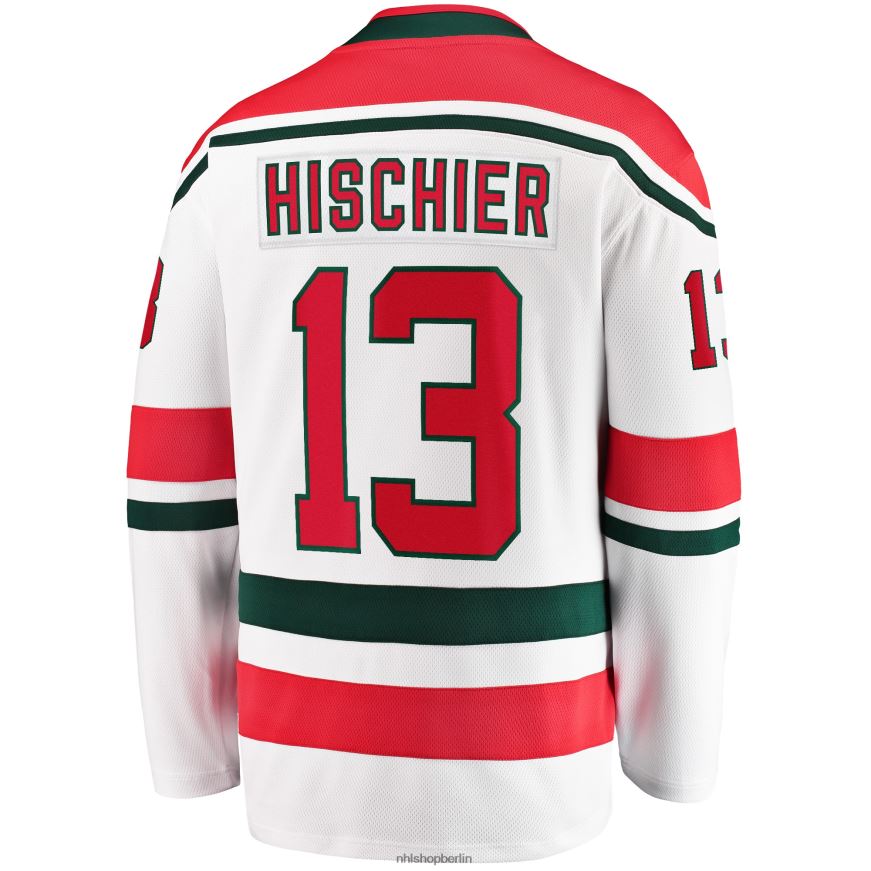 Männer NHL Weißes 2022/23 Heritage Premier Breakaway-Trikot der New Jersey Devils mit Fanatics-Logo von Nico Hischier Kleidung BF680T295