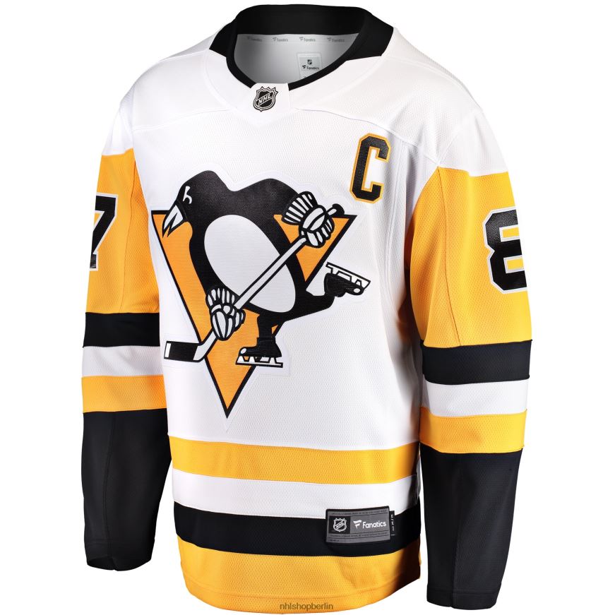 Männer NHL Weißes Auswärtstrikot der Premier Breakaway-Spieler der Pittsburgh Penguins mit Sidney Crosby Fanatics-Logo und Kapitän Kleidung BF680T34