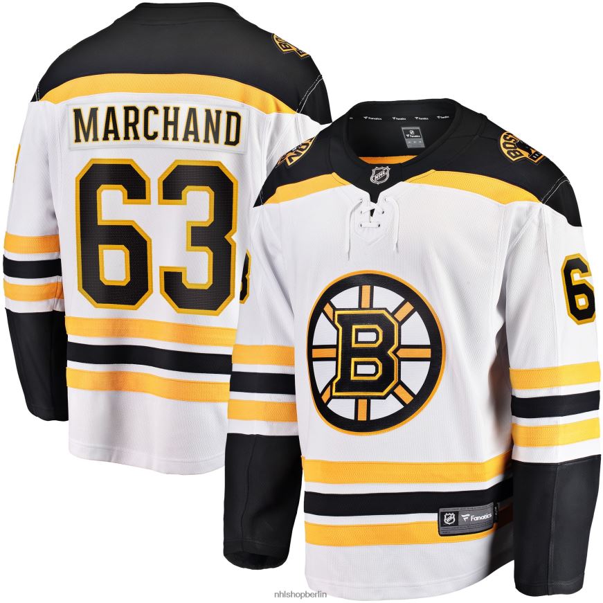 Männer NHL Weißes Auswärtstrikot des Premier Breakaway-Spielers mit Brad Marchand Fanatics-Logo der Boston Bruins Kleidung BF680T102