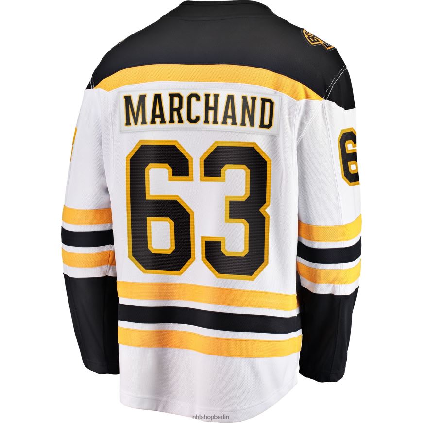 Männer NHL Weißes Auswärtstrikot des Premier Breakaway-Spielers mit Brad Marchand Fanatics-Logo der Boston Bruins Kleidung BF680T102