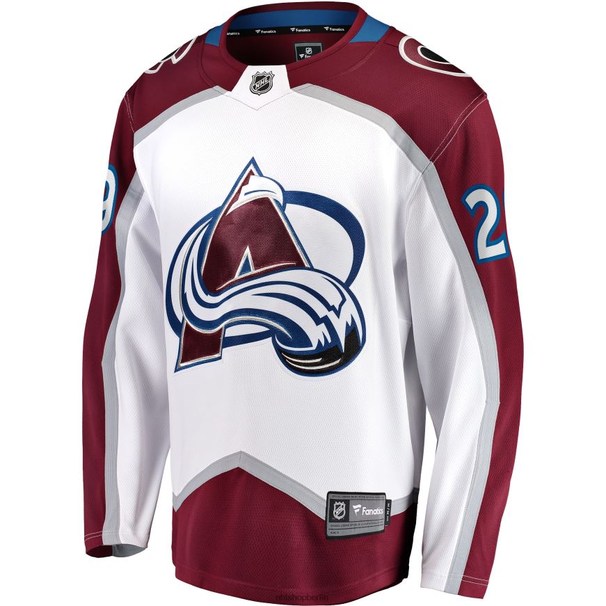 Männer NHL Weißes Auswärtstrikot für den Premier Breakaway-Spieler von Colorado Avalanche mit Fanatiker-Logo von Nathan Mackinnon Kleidung BF680T117