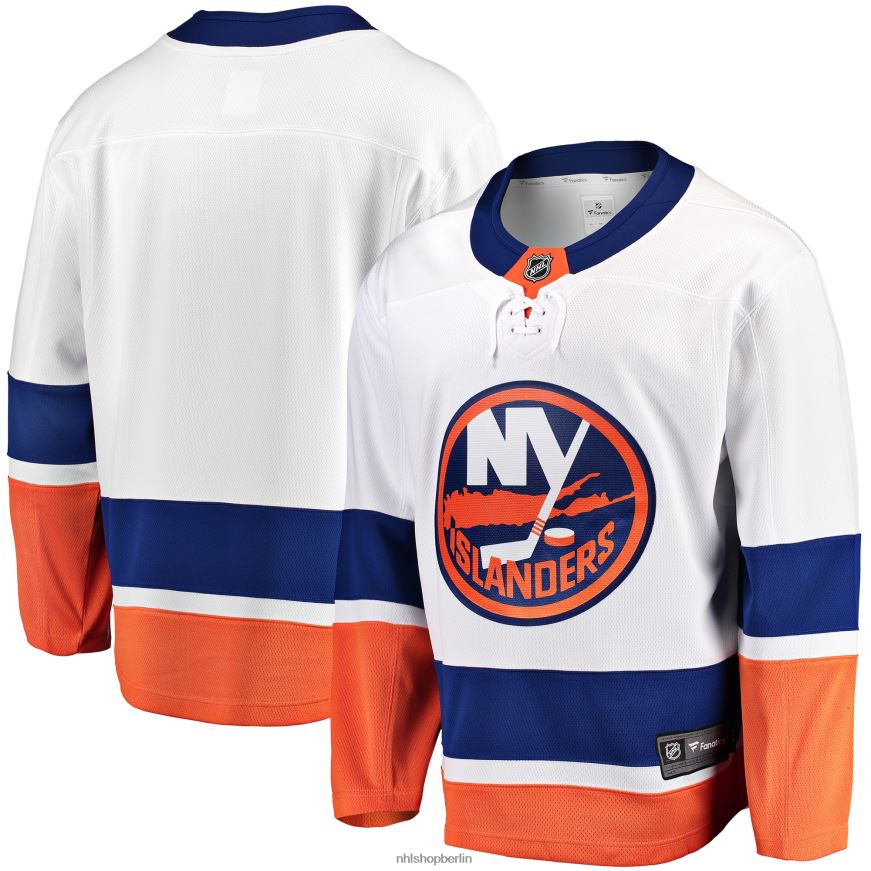 Männer NHL Weißes Breakaway-Auswärtstrikot der New York Islanders mit Fanatics-Logo Kleidung BF680T583