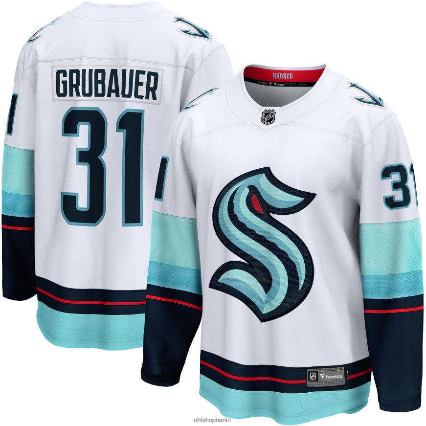 Männer NHL Weißes Premier Breakaway-Spieler-Auswärtstrikot mit Seattle-Kraken-Philipp-Grubauer-Fanatiker-Logo Kleidung BF680T1383