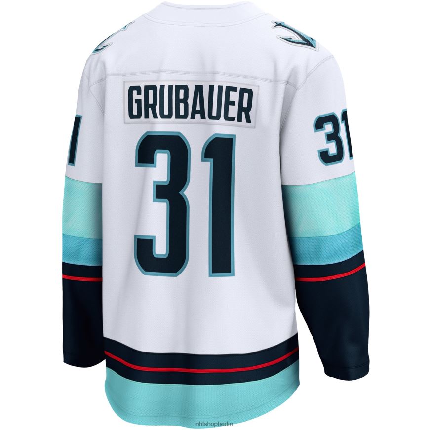 Männer NHL Weißes Premier Breakaway-Spieler-Auswärtstrikot mit Seattle-Kraken-Philipp-Grubauer-Fanatiker-Logo Kleidung BF680T1383