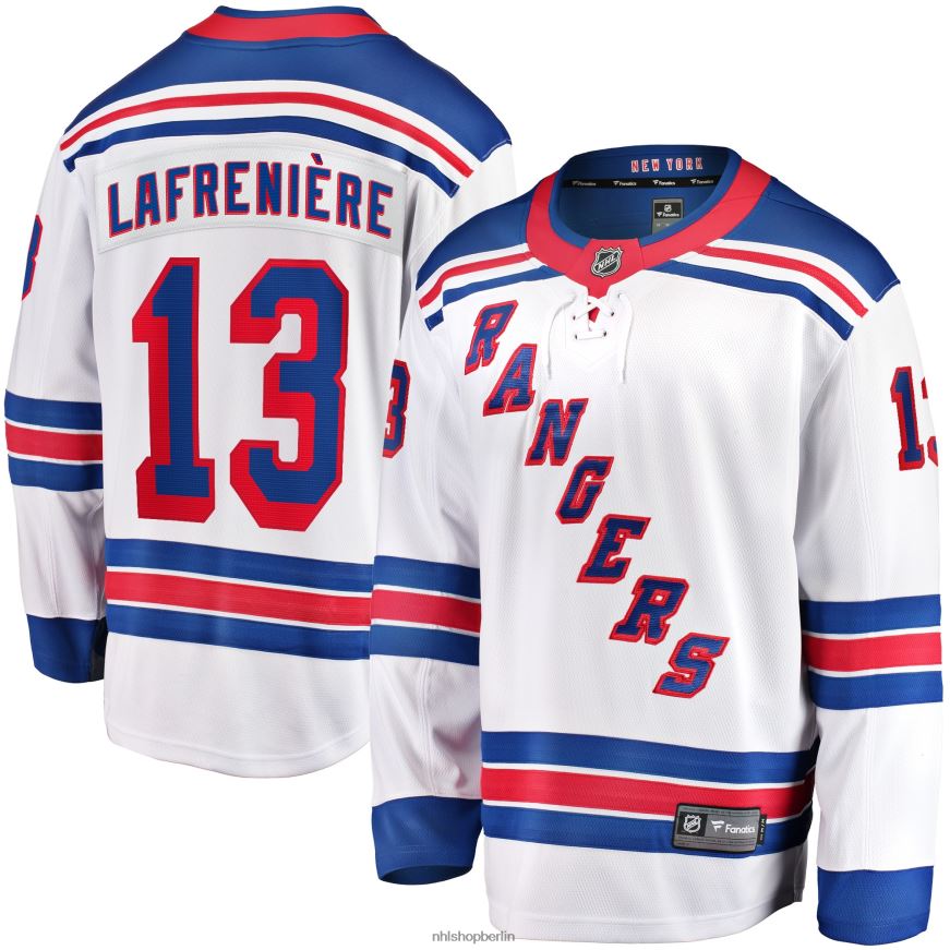 Männer NHL Weißes Premier Breakaway-Spielertrikot der New York Rangers mit Fanatics-Logo von Alexis Lafreniere Kleidung BF680T225