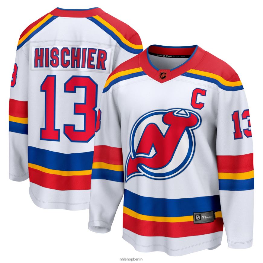 Männer NHL Weißes Special Edition 20 Breakaway-Spielertrikot der New Jersey Devils mit Fanatics-Logo von Nico Hischier Kleidung BF680T268