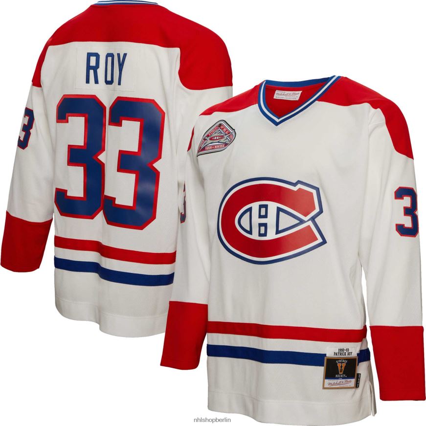 Männer NHL Weißes Spielertrikot der Montreal Canadiens Patrick Roy Mitchell und Ness 1992 blaue Linie Kleidung BF680T1000