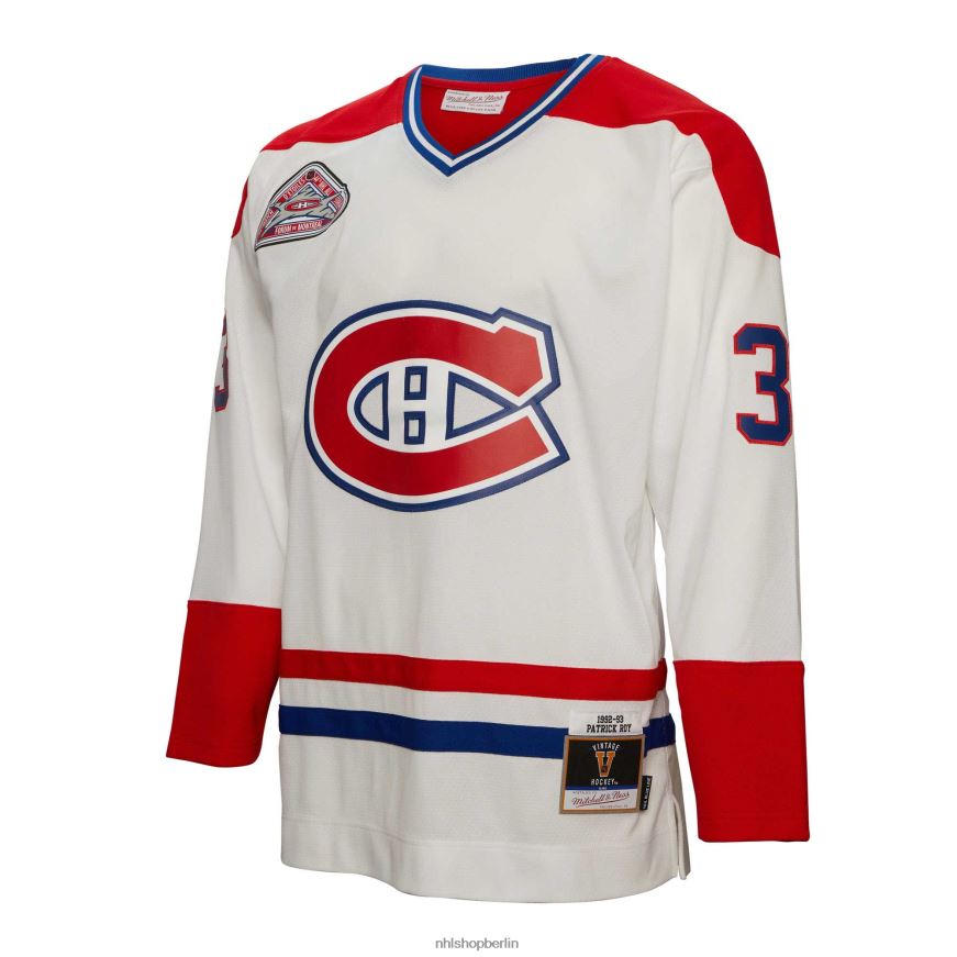 Männer NHL Weißes Spielertrikot der Montreal Canadiens Patrick Roy Mitchell und Ness 1992 blaue Linie Kleidung BF680T1000