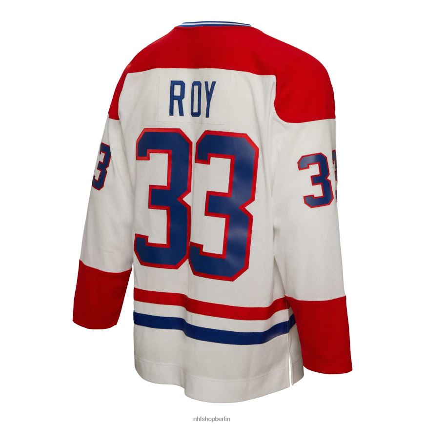 Männer NHL Weißes Spielertrikot der Montreal Canadiens Patrick Roy Mitchell und Ness 1992 blaue Linie Kleidung BF680T1000