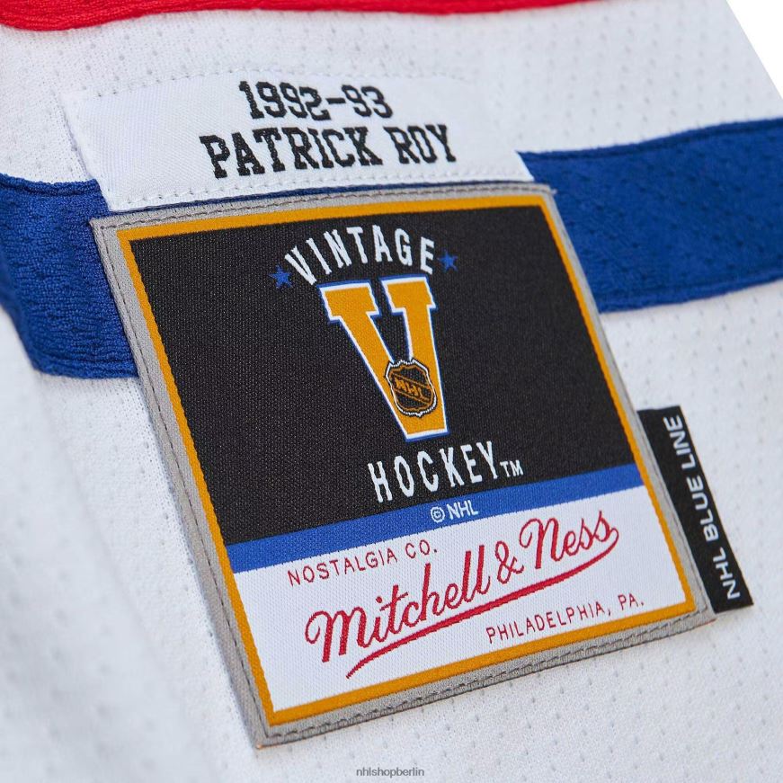 Männer NHL Weißes Spielertrikot der Montreal Canadiens Patrick Roy Mitchell und Ness 1992 blaue Linie Kleidung BF680T1000