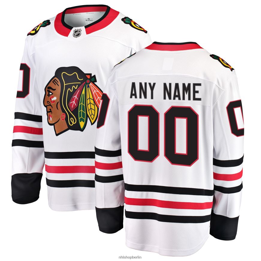 Männer NHL Weißes individuelles Auswärtstrikot der Chicago Blackhawks mit Fanatics-Logo Kleidung BF680T104