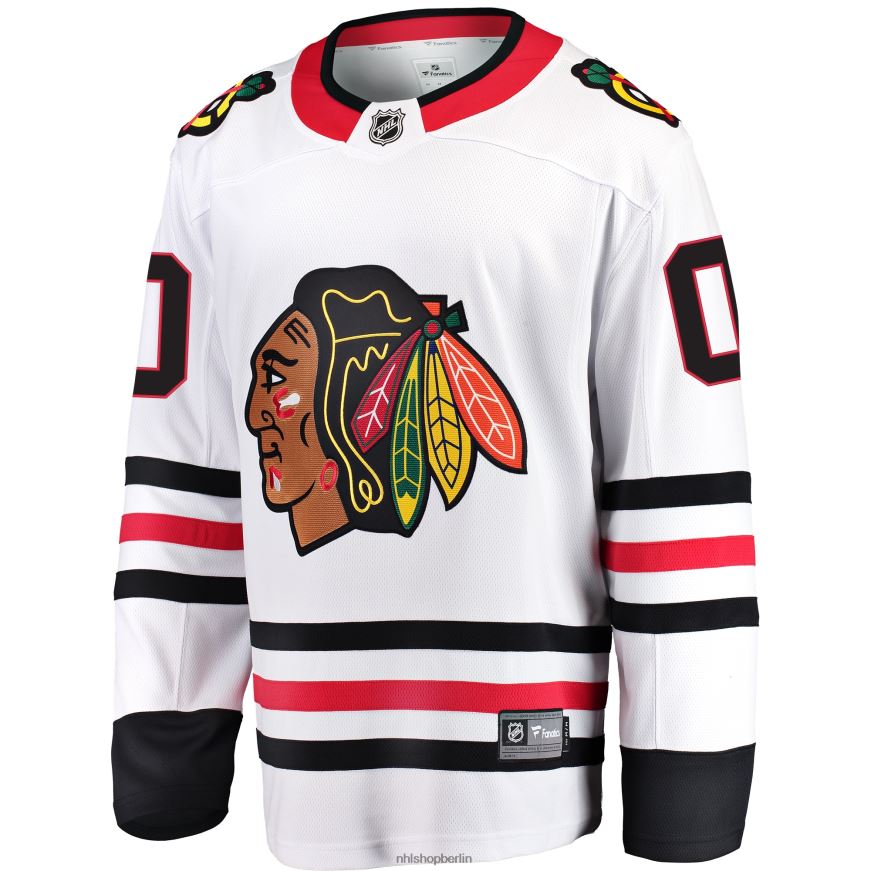 Männer NHL Weißes individuelles Auswärtstrikot der Chicago Blackhawks mit Fanatics-Logo Kleidung BF680T104