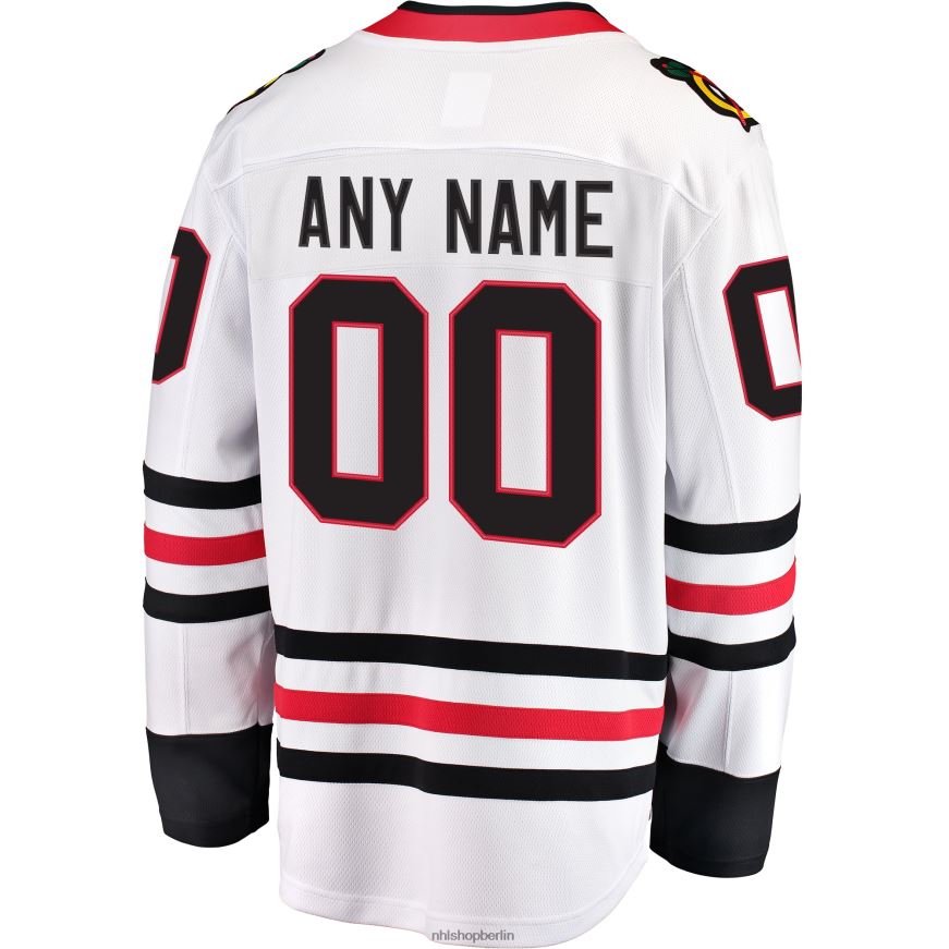 Männer NHL Weißes individuelles Auswärtstrikot der Chicago Blackhawks mit Fanatics-Logo Kleidung BF680T104