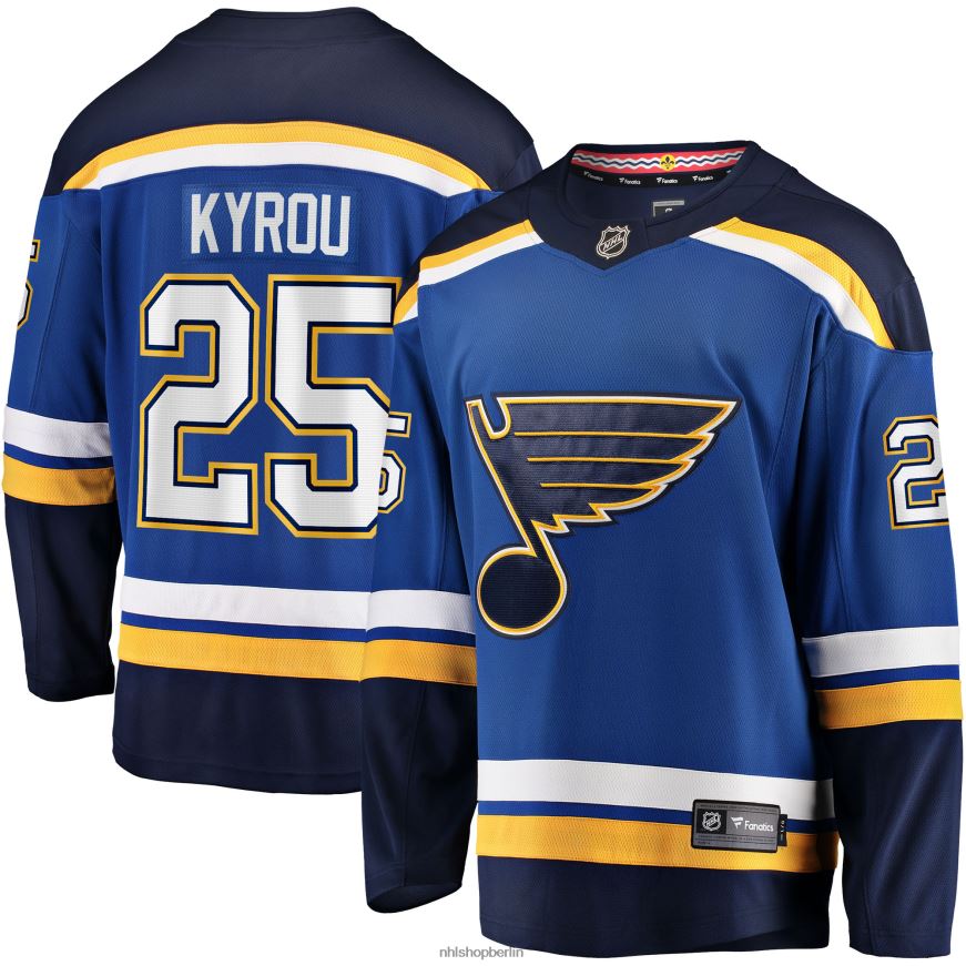 Männer NHL st Louis Blues Jordan Kyrou Fanatics-gebrandetes blaues Heimteam-Ausreißertrikot Kleidung BF680T460